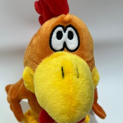 Gele langharige kippenknuffel met nek-trek-klokkend, zingend en dansend grappig hanenpop interactief stressverlichtend speelgoed