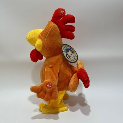 Gele langharige kippenknuffel met nek-trek-klokkend, zingend en dansend grappig hanenpop interactief stressverlichtend speelgoed