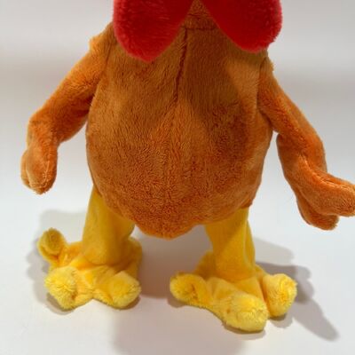 Gele langharige kippenknuffel met nek-trek-klokkend, zingend en dansend grappig hanenpop interactief stressverlichtend speelgoed