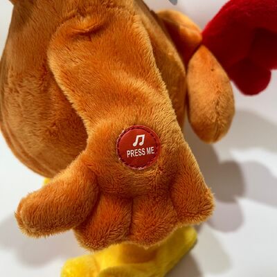 Gele langharige kippenknuffel met nek-trek-klokkend, zingend en dansend grappig hanenpop interactief stressverlichtend speelgoed